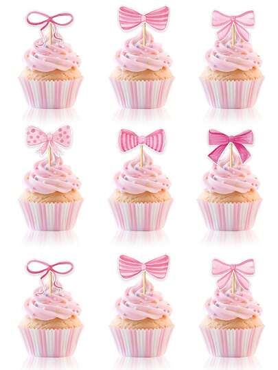 48pcs/24pcs Pink Bow Cupcake Toppers, Birthday Party Decorations, Bow Cupcake Decorations, Party Wedding Decor, Pink Bow Cake Smash Photo Props, Suitable For Baking, Wedding Desserts, Party, Birthday, Cake And Cupcake Decorations