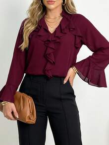 ANCHOSE Blusa de mujer elegante de color borgoña con volantes, cuello en V y mangas acampanadas de manga larga, adecuada para la oficina y ocasiones casuales, primavera/verano - Burdeos - Ver 4