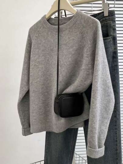 女士纯色罗纹不对称/不对称柔软羊毛休闲秋冬装