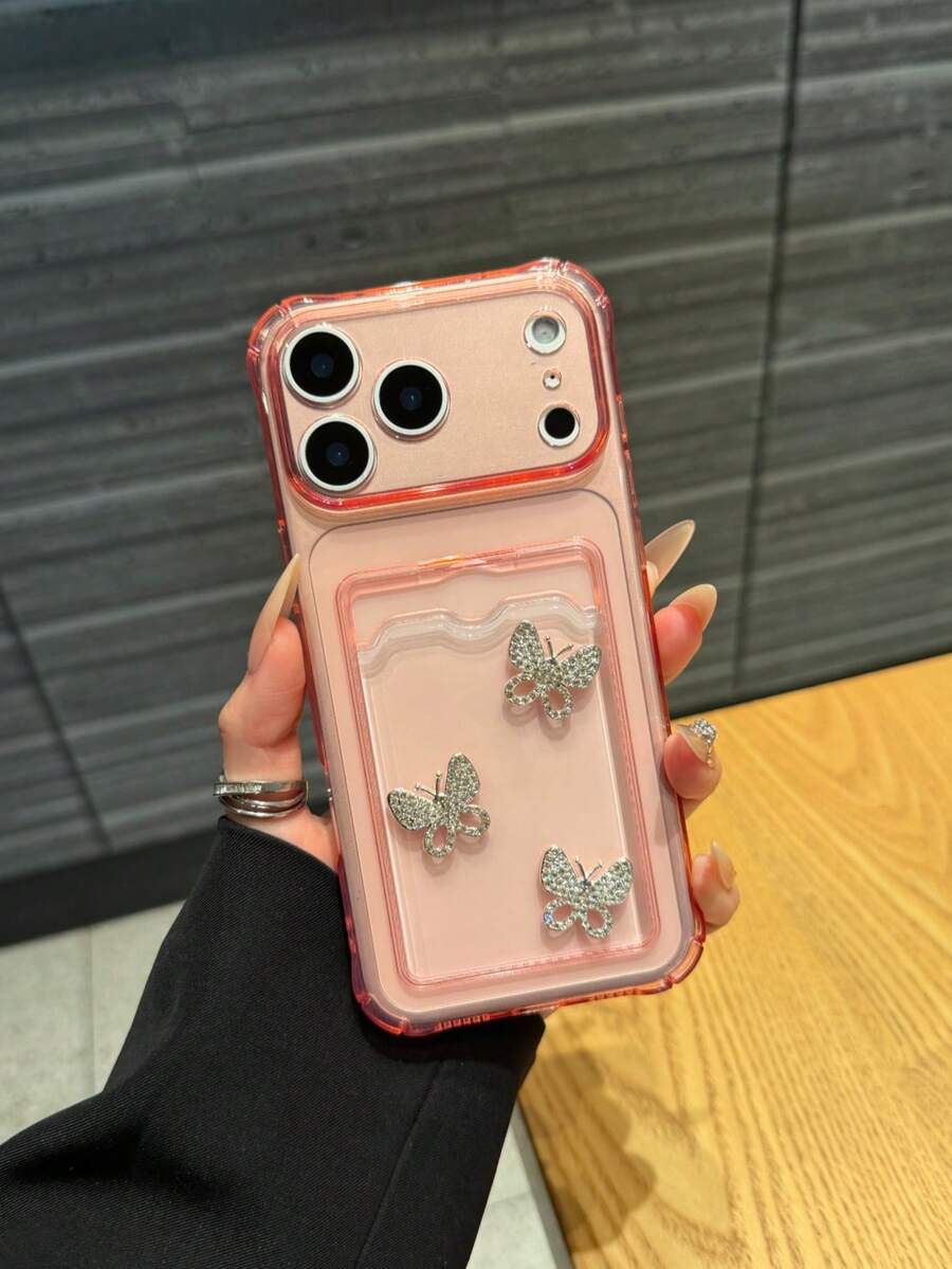 粉色防震卡槽钻石蝴蝶手机壳，适用于 17/17 Pro Max/17/17 Air/17 Pro/16/16 Pro/16 Pro Max/16 Plus、A26 5G、A56 5G、S24 FE、A24 5G、A16、S25、S25 Plus、S25 Ultra、A34、A06、S23 FE、16e