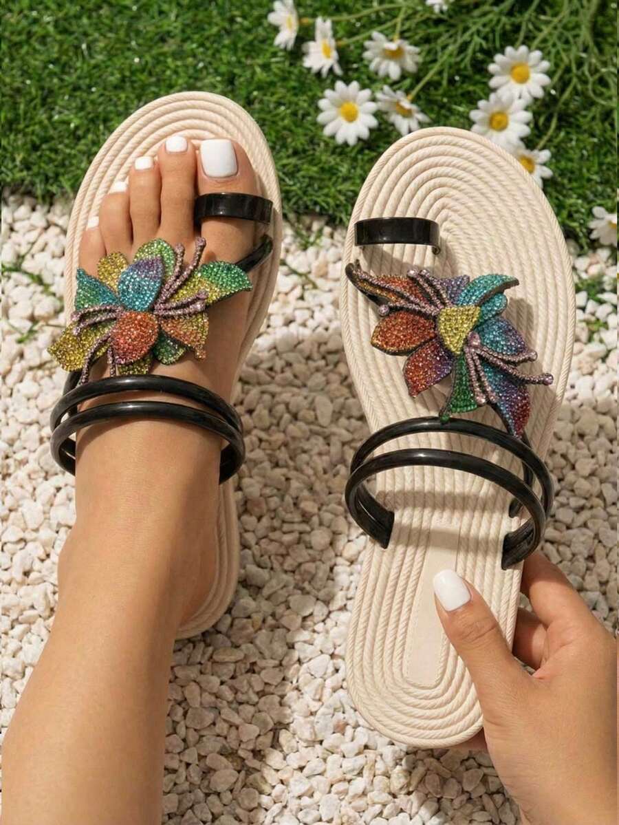 Nuevas sandalias planas de estilo casual y vacacional para mujer, con punta abierta y sin cordones, decoradas con rhinestones de colores y adornos florales, adecuadas para uso casual, de fiesta, playa, cómodas y estables - Negro - Ver 1