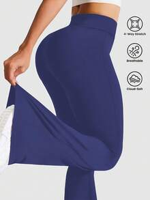 Women's Criss-Cross Waist Flare Pants, High Elasticity Polyester Solid Color Sports Yoga Pants, Criss-Cross Waist Casual Long Pants, Solid Color Skinny Workout Leggings Suitable For All Seasons, Knit Fabric Wide Leg Pants Suitable For Fitness And Leisure Wear - 藏蓝色 - 查看 5