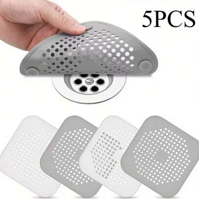 5pcs Silicone Drain Covers, Hair Catcher Filters For Sink And Shower, With Suction Cup Drain Mat Strainer, Hole Design Debris Trapping Net, For Kitchen And Bathroom Anti-Clogging Drain Cover, Easy To Clean Drain Protector