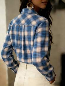 女士蓝白格子常规版型长袖纽扣翻领衬衫 - 藍色 - 查看 5
