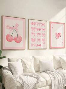 3件套粉色蝴蝶结墙饰奶油色装饰画帆布印刷品，北欧风格蝴蝶花卉艺术品，适合女孩卧室、公寓、客厅，生日礼物、毕业礼物，不含框 - 粉色 - 查看 11
