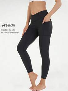 Women V-Cross Waist Tight Sport Pants Lift Buttocks Fitness Yoga Leggings High Waist Compression Workout Leggings, Criss-Cross Waist, Tummy Control, Pockets, Stretchy Fabric For Gym, Running, Training, Yoga Tights - 黑色 - 查看 6