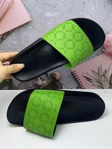 女士时尚拖鞋，纯色字母印花，橡胶鞋底，柔软轻便的室内拖鞋，舒适休闲的户外拖鞋，适合居家、海滩、派对等各种场合，四季皆宜 - 綠色 - 查看 12