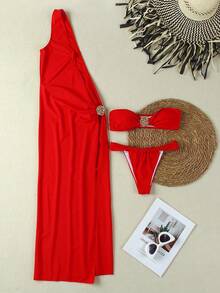 新款春夏欧美优雅性感纯红色三件套比基尼泳装连衣裙，适合海滩度假派对约会 - 紅色 - 查看 4