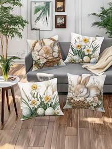 4pcs, New Pillowcase, Easter Pattern, Warm And Comfortable, Beautiful And Practical, 17.7 Inches * 17.7 Inches, Suitable For Home Sofa Decoration, Home Accessories, Bedroom Zipper Pillowcase (Without Pillow Core) - Multicolor - View 2