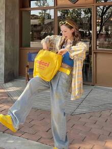 女士休闲宽松黄色格子衬衫，饰有心形贴花，春夏款 - 黃色 - 查看 5