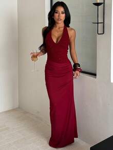 Đầm dự tiệc màu trơn, chất liệu vải dệt kim thanh lịch và gợi cảm, thiết kế hở lưng, xẻ tà cao đến đùi, thích hợp cho các buổi tiệc trang trọng, tiệc sinh nhật, tiệc độc thân, tiệc tựu trường, mùa xuân/hè. - Màu Đỏ Sâu - Xem 2
