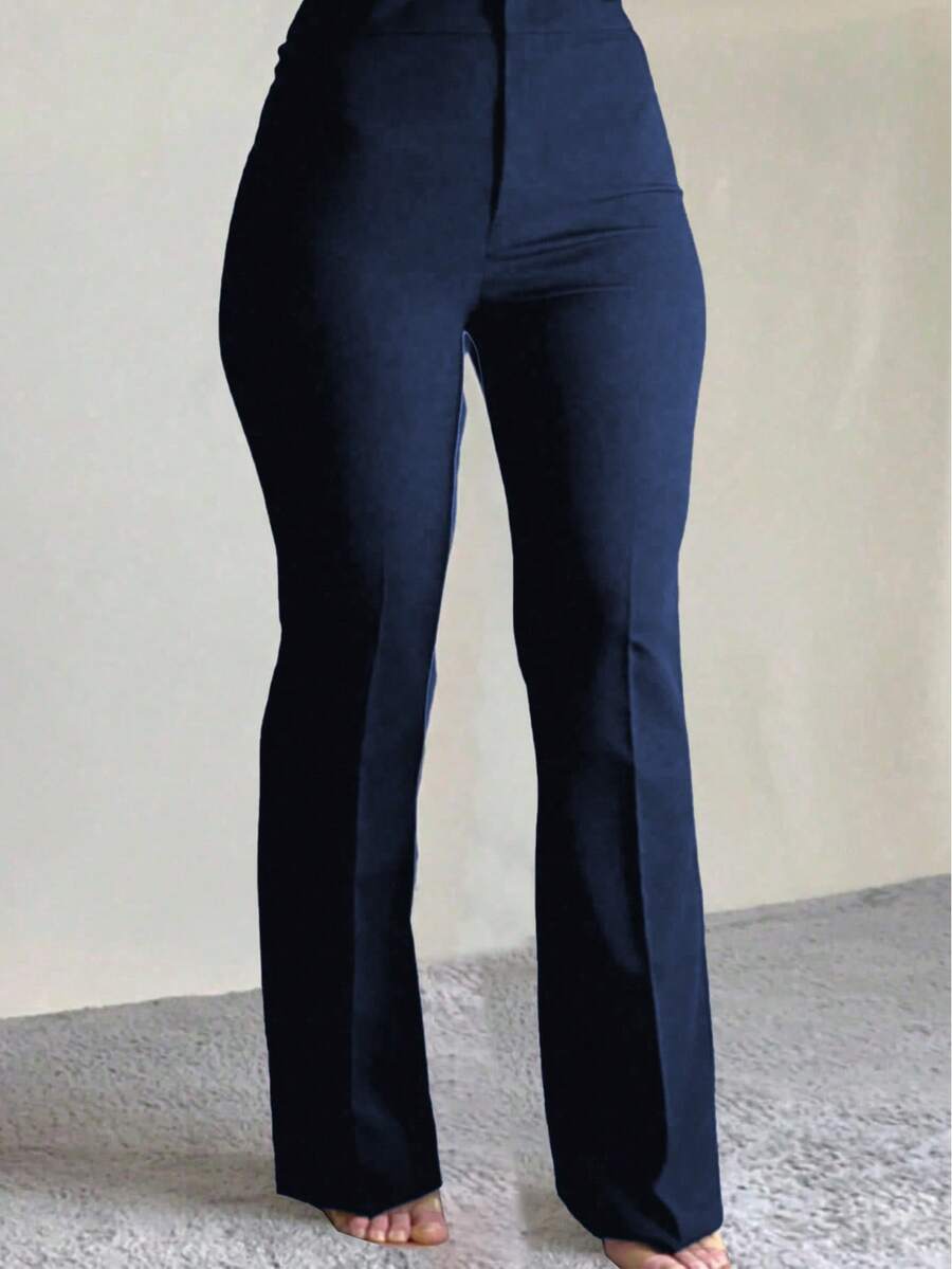 Plus Size Women Elegant High Waist Pocket Slim Fit Casual Everyday Commute Pants Spring - Navy Blue - View 1