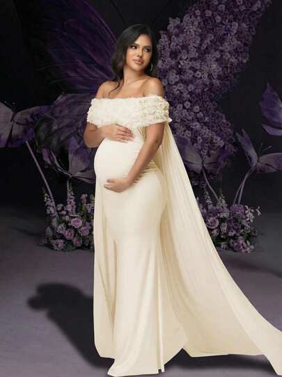 Irresista 孕妇花卉露肩连衣裙，适合迎婴派对，网眼斗篷长款女装拍摄道具