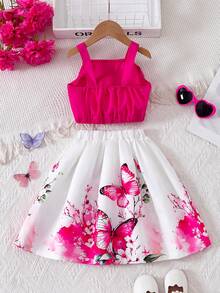 两件套女童露脐上衣，配大蝴蝶结吊带和蝴蝶印花半裙，时尚优雅，甜美可爱，适合生日派对、郊游、聚会等场合。 - 紅白色 - 查看 6