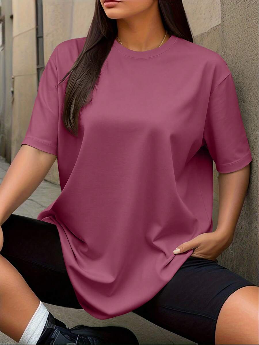 Speed mate Plus Size Women Loose Fit Round Neck Short Sleeve T-Shirt, Y2K Summer Casual Basic Tee - Pink - View 1