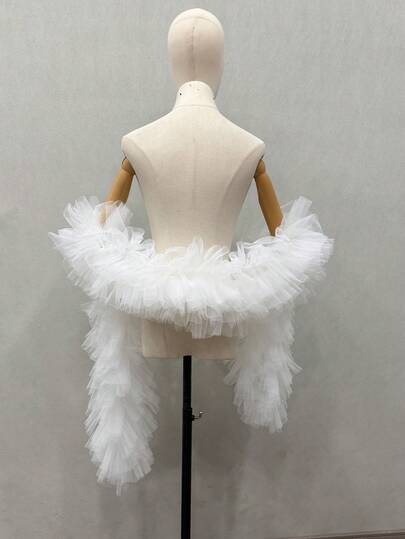 1pc White Fluffy Tulle Bridal Shawl, Luxurious Puff Long Scarf Collar Accessory For Wedding