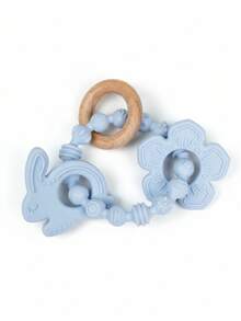 1pc Pink Flower Rabbit Textured Silicone & Wooden Teething Ring, Baby Sensory Toy, Relieve Teething Pain - Multicolor - View 8