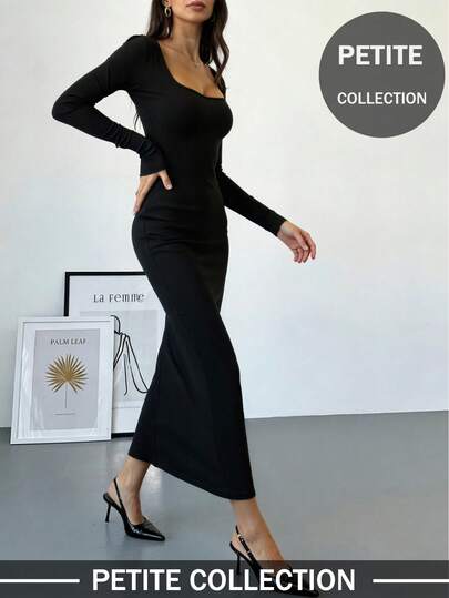 Women's Solid Black Simple U-Neck Long Sleeve Midi Bodycon Dress, Suitable For Daily Outings, Office Commute, Ramadan, Valentine's Day And Other Occasions