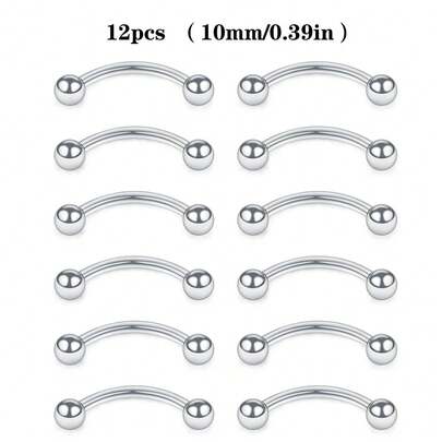 12-Piece Set 16G Stainless Steel Curved Barbell For Eyebrows, Ear Cartilage, Earlobe, Lip Rings, Body Piercing Jewelry 8mm 10mm 12mm