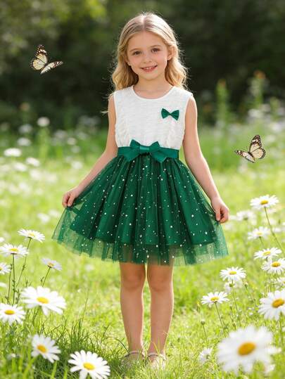 Girls' Summer Bowknot Dress, Round Neck Sleeveless Patchwork Sequin Mesh Dress, Suitable For Beach, Vacation, Festivals, Birthday Parties, Daily Outings