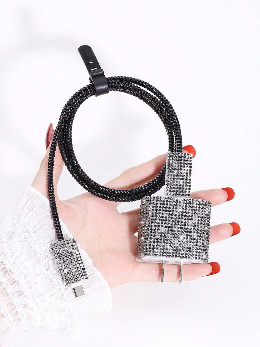 Shockproof Bling Diamond 5pcs/Set Rhinestone Cable Protector, Data Cable Winder, Charging Head Protector Compatible With Apple Phone Women's Day Gift - Black - View 1