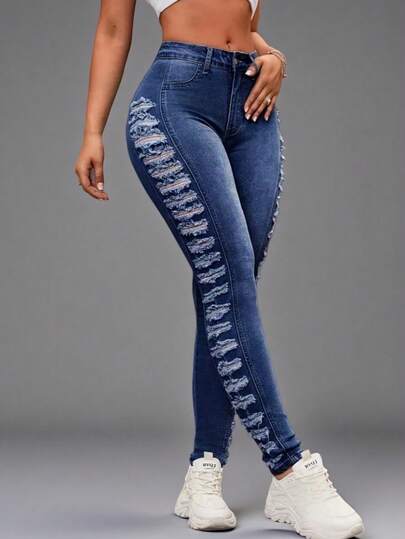 Women's Button Waist Belt Ripped Skinny Jeans, Fashionable Streetwear Versatile Denim Pants