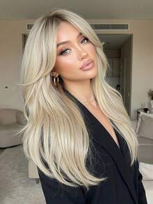 20英寸金色渐变卷发假发，带刘海，耐热合成假发，优雅直发造型，适合女性日常佩戴、派对和角色扮演 - 挑染金色 - 查看 1