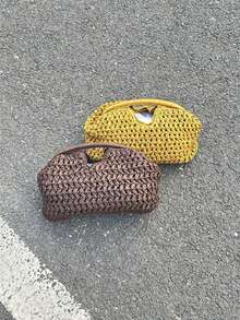 法式小众复古编织手提包，褶皱贝壳包，草编斜挎包，链条单肩包，适合度假和海滩 - 黃色 - 查看 2