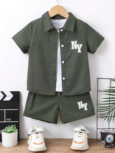 2pcs Boys' Letter Print Short Sleeve Shirt And Shorts Casual Outfit
