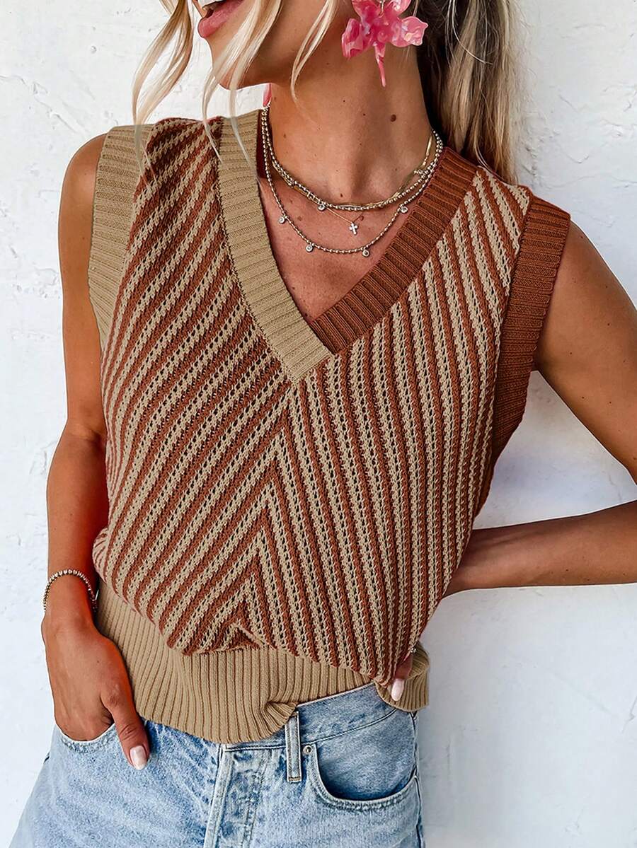 Acelitt Multicolor Striped Contrast Casual Knit Ribbed V-Neck Sleeveless Wool Vest, Summer - Khaki - View 1