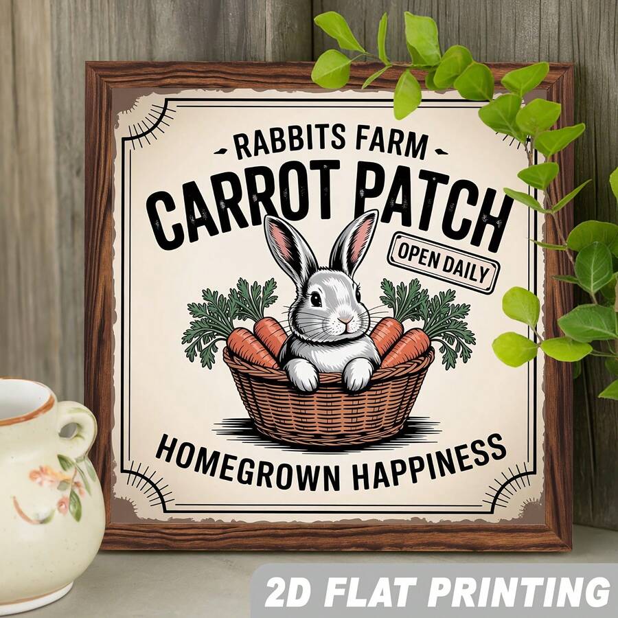 2D Flat 1pc, Rabbits Farm Carrot Patch Open Daily Homegrown Happiness Wooden Framed Sign Farmhouse Theme Wall Hanging Vintage Bedroom, Kitchen, Living Room, Decorative Signs & Plaques 8x8 Inch - Multicolor - View 1