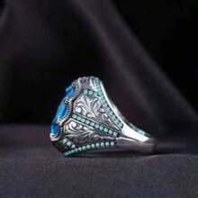 خاتم رجالي فضي اللون ذو نقوش فينتاج معدنية مطعمة بسافير اصطناعي، خاتم زواج وخطوبة، هدية مجوهرات بنكهة بانك، مناسب للخطوبة والزواج والأعياد والعيد الأم وعيد الأم - الأزرق - مشاهدة 2