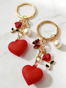 1pc Heart-Shaped Rose Flower Keychain, Couples Gift, Keyring, Bag/Backpack Charm, Car Pendant, Suitable For Women, Valentine's Day, Birthday, Wedding Gift - Multicolor - View 3