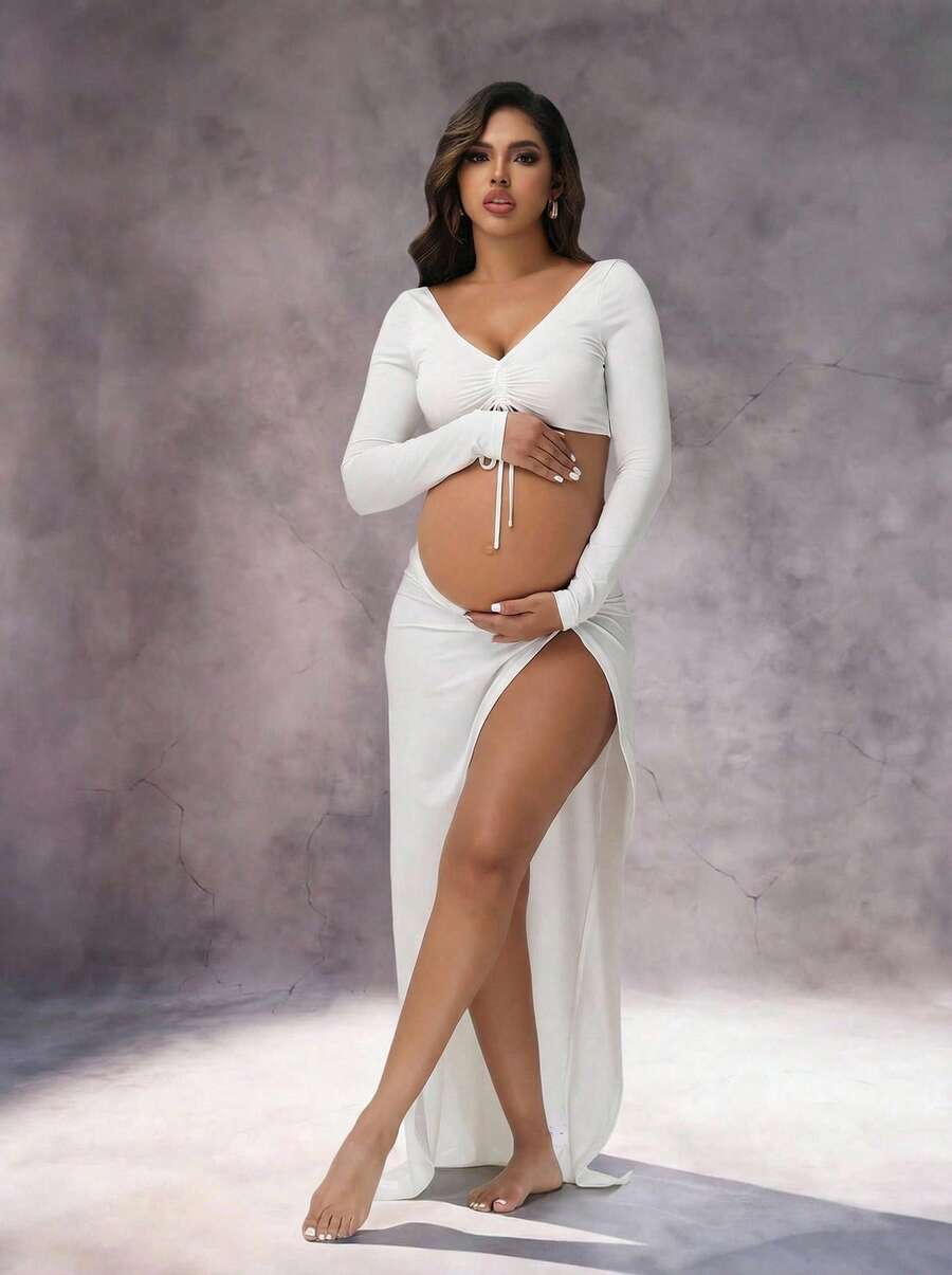 Irresista Maternity 2 Pcs V-Neck Backless Tie-Strap Crop Top & Twist Slit Maxi Skirt For Baby Shower Party Photoshoot Outfit - White - View 1