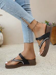 女士休闲坡跟人字拖，方头中跟厚底，套脚款式，饰有水钻，搭扣设计，柔软软木鞋底带防水防水台，休闲人字拖 - 黑色 - 查看 4