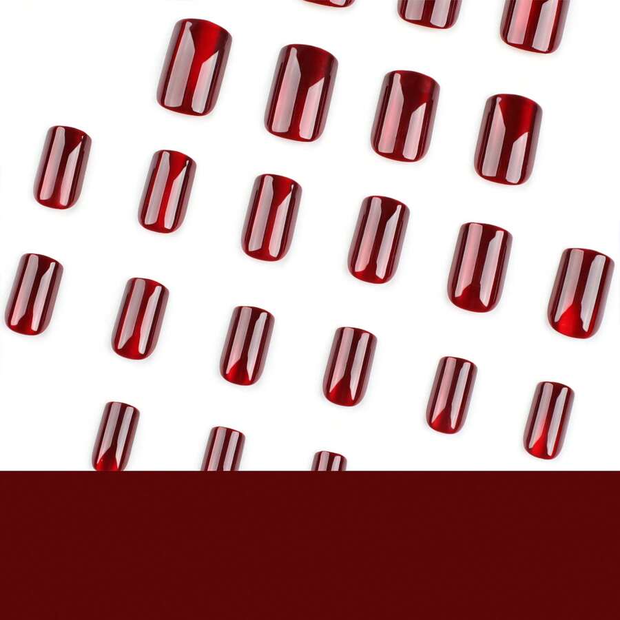 2026hot-Burgundy Eye Nail Polish - Magnetic Deep Red Wine Gel Polish Short Square Nails, Wearable Metallic Shimmer Nail Art, Easy Holiday Party & Date Night Manicure Kit - JP3260 [Glue Type] - View 1