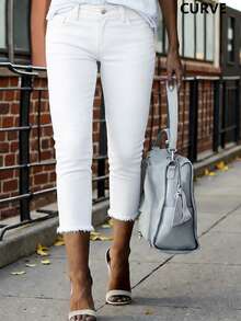 Jeans de talla grande cómodos y entallados hasta la pantorrilla con bolsillos, cierre de cremallera y botón, casual de primavera en color blanco - Blanco - Ver 3