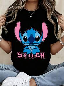 Stitch Character Printed White T Shirt Women Casual Short Sleeve Top Cartoon Graphic Tee - màu đen - Xem 1