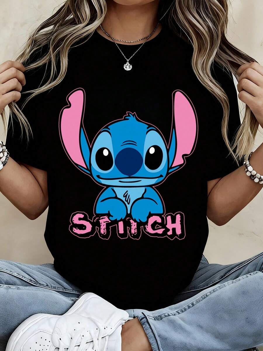 Stitch Character Printed White T Shirt Women Casual Short Sleeve Top Cartoon Graphic Tee - màu đen - Xem 1