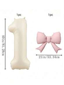 2pcs 40-Inch Ivory Number Balloons & 21-Inch Pink Bow Foil Balloons, Suitable For Wedding, Birthday, Anniversary, Graduation, Mother's Day Decoration, Indoor Room Decor - Cream - View 3