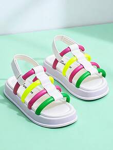 2026夏季街头酷炫限量版女童[3-1岁幼儿婴儿软底学步鞋，荧光绿、粉色、黄色撞色反光宽绑带设计，轻便EVA防滑厚底，露趾可调节踝带，5厘米厚底，荧光Y2K运动风儿童厚底凉鞋，女童户外时尚鞋，适合游乐园、滑板、街头日常穿着 - 彩色 - 查看 8