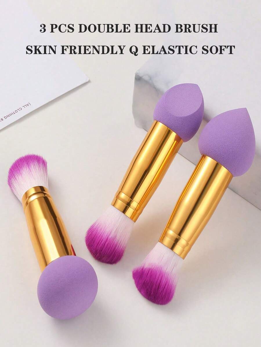 Bộ 3 món 2 trong 1: Bông mút trang điểm và cọ đánh phấn, dụng cụ làm đẹp cầm tay tiện lợi.