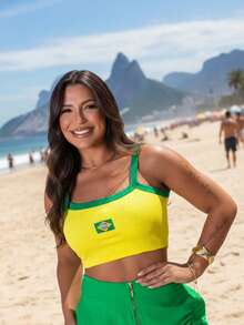 Women's Cropped Top, Fit Brazil Style, Embroidered Tank Top, Ribbed Cups, Contrasting Waist, Knit Fabric, Beachwear, Vacation - Yellow - View 5