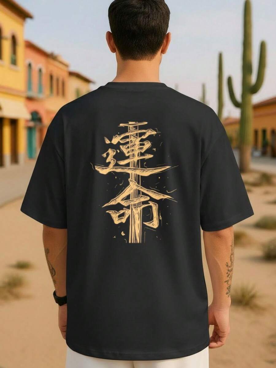 Playera para Hombre con Estampado de Kanji Japonés Diseño Gráfico Urbano Estilo Harajuku Camiseta Negra de Moda Casual para Diario - Negro - Ver 1