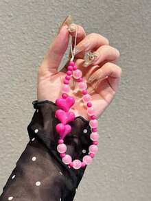 Ins-Style Dusty Pink Heart Textured Bead Phone Lanyard Chain, Sweet Niche Short Wrist Strap, Anti-Lost Beaded Chain, Suitable For Girl, Phone Case, Key Chain, Camera, Popular With Influencers - Multicolor - View 8