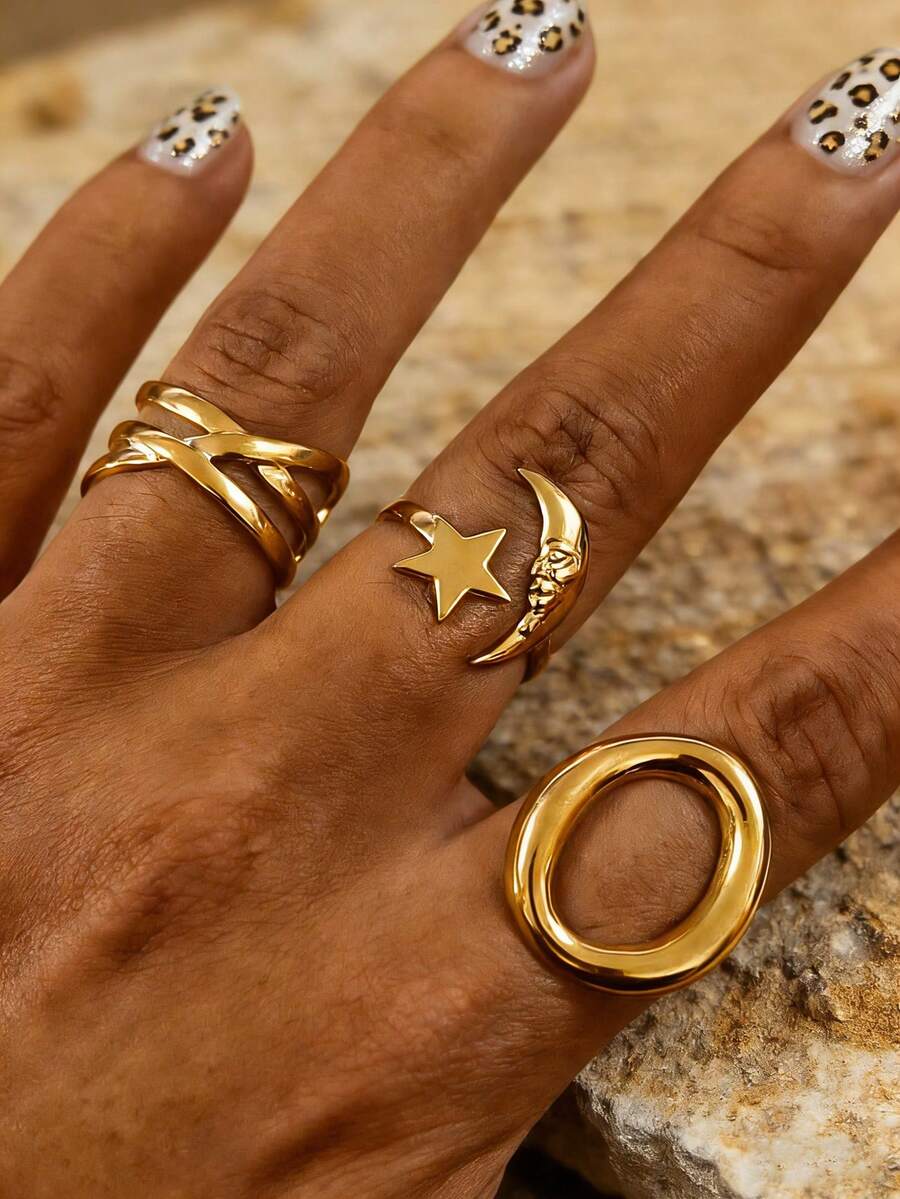 3pcs 18K Gold Plated Stainless Steel Exaggerated Thick Retro Geometric Golden Ellipse Line Star Moon Ring Set, Suitable For Women's Daily, Festival, Party, Friends Gathering, Couple Dating - Multicolor - View 1