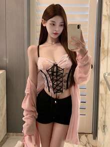 小众设计性感蕾丝吊带露脐上衣，女士休闲粉色夏季款 - 粉色 - 查看 4