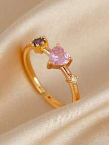 1 pieza Anillo con incrustación de circonita cúbica en forma de corazón rosa, adecuado para compromiso, boda y regalo - Amarillo Oro - Ver 1