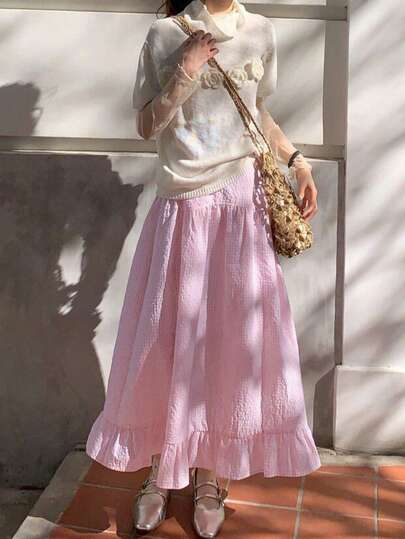 甜美女孩粉色格子高腰A字中长裙，夏季青春泡泡裙