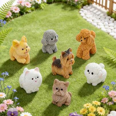 7pcs Resin Small Dog Figurines, Miniature Garden Decor Accessories, Suitable For Bedroom, Desk, Office, Delicate Texture With Lively Expressions, Bringing Warm And Cozy Atmosphere To Your Home, Matching Micro Landscape And Home Decor, Wishing You Surrounded By Beauty And Filled With Lightness And Happiness Every Day